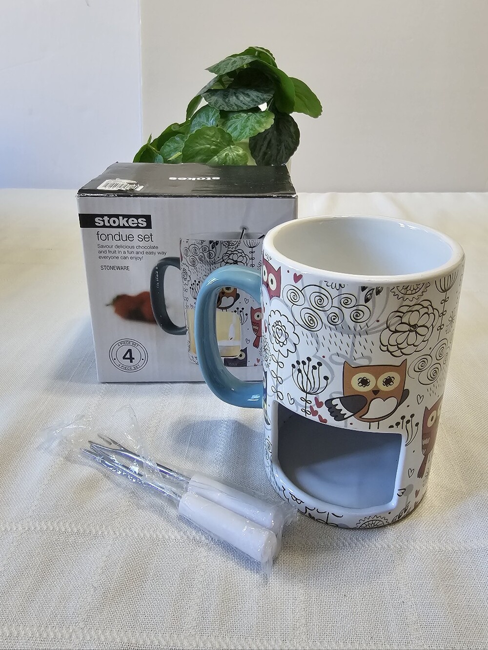 Stokes Owl Stoneware Chocolate Fondue Set w/ 4 Forks Boxed